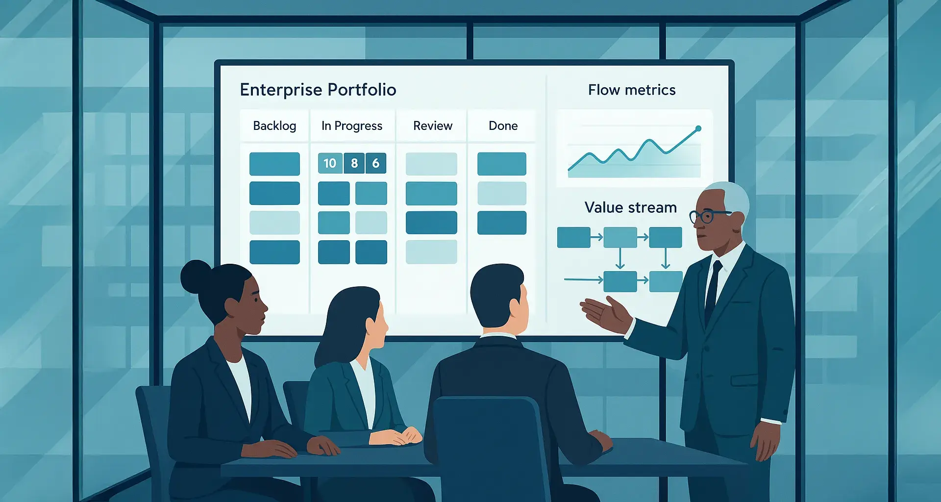 Executives looking at a Portfolio Kanban Board